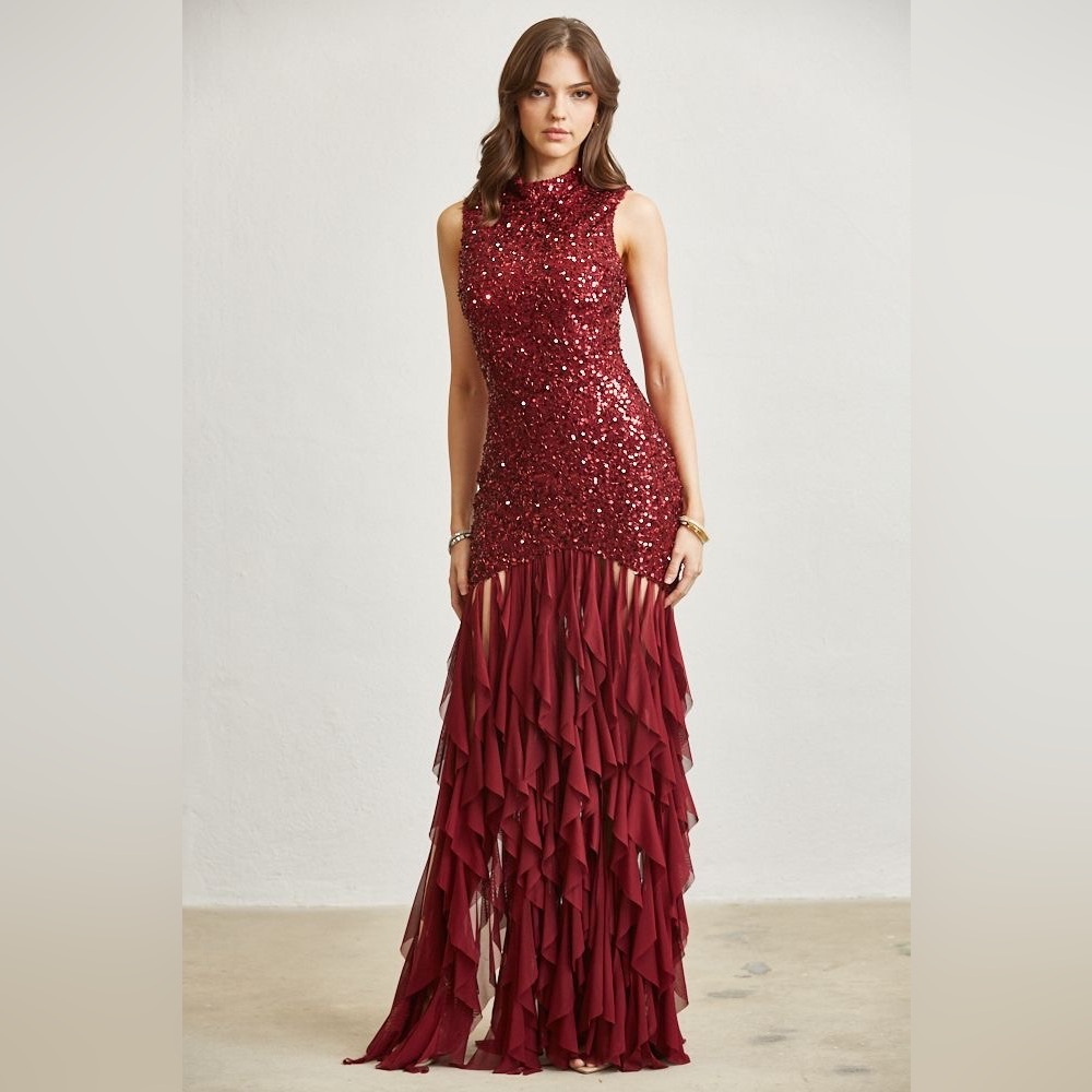 Sequin Ruffle Hem Floor-Length Gown - Blithe - Picture 3 of 5
